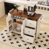 Kitchen Island Cart With Foldable Tabletop & Drop Leaf Mobile Breakfast Bar With Wood Top And Storage - White / Walnut - Image 4