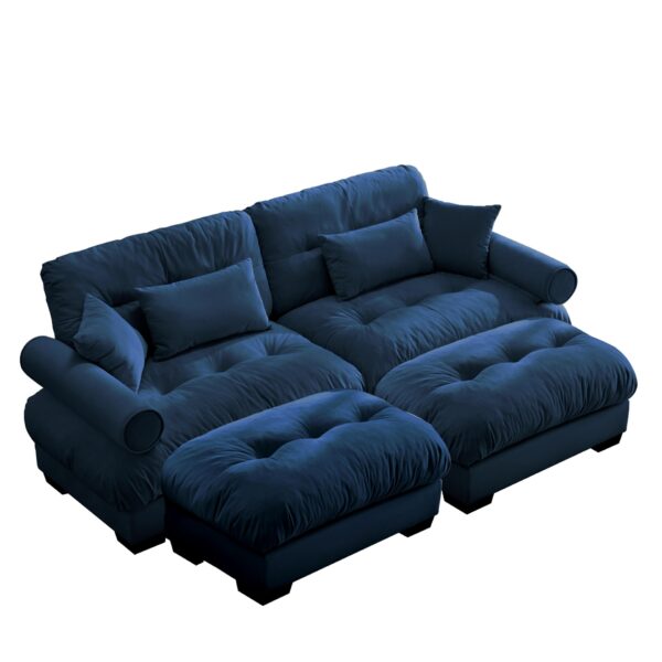 Modern Oversized 2 Seater Sofa With Ottoman Velvet Round Bolster Armrests Waist Pillow And Throw Pillows - Blue