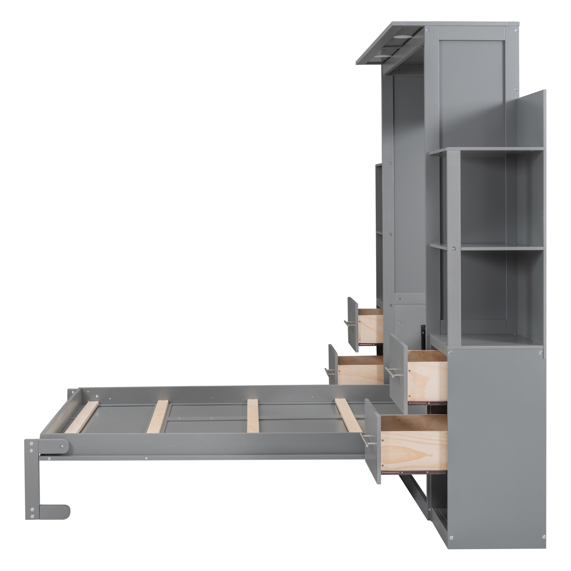 Full Size Murphy Wall Bed & Shelves, Drawers And LED Lights - Gray - Image 12