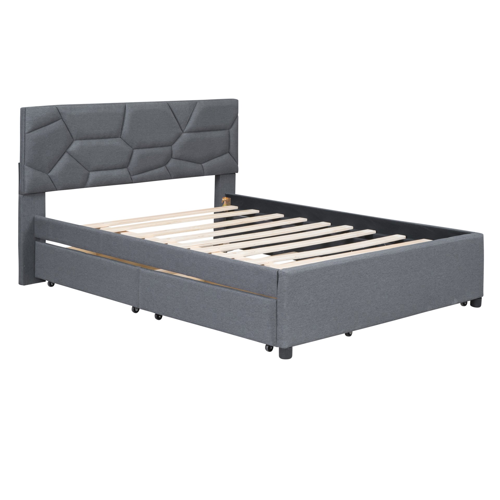 Full Size Upholstered Platform Bed With Brick Pattern Headboard, With Twin Size Trundle And 2 Drawers - Gray - Image 4
