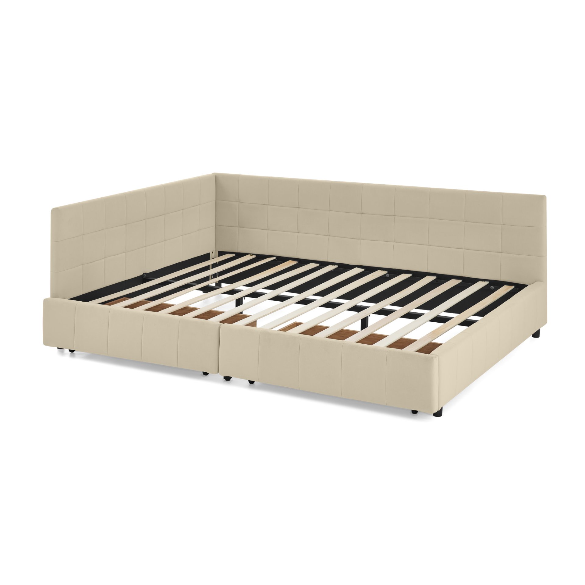 Mid Century Velvet Upholstered Tufted Queen Size Storage Bed Frame With Backrest And Armrests - Beige - Image 13