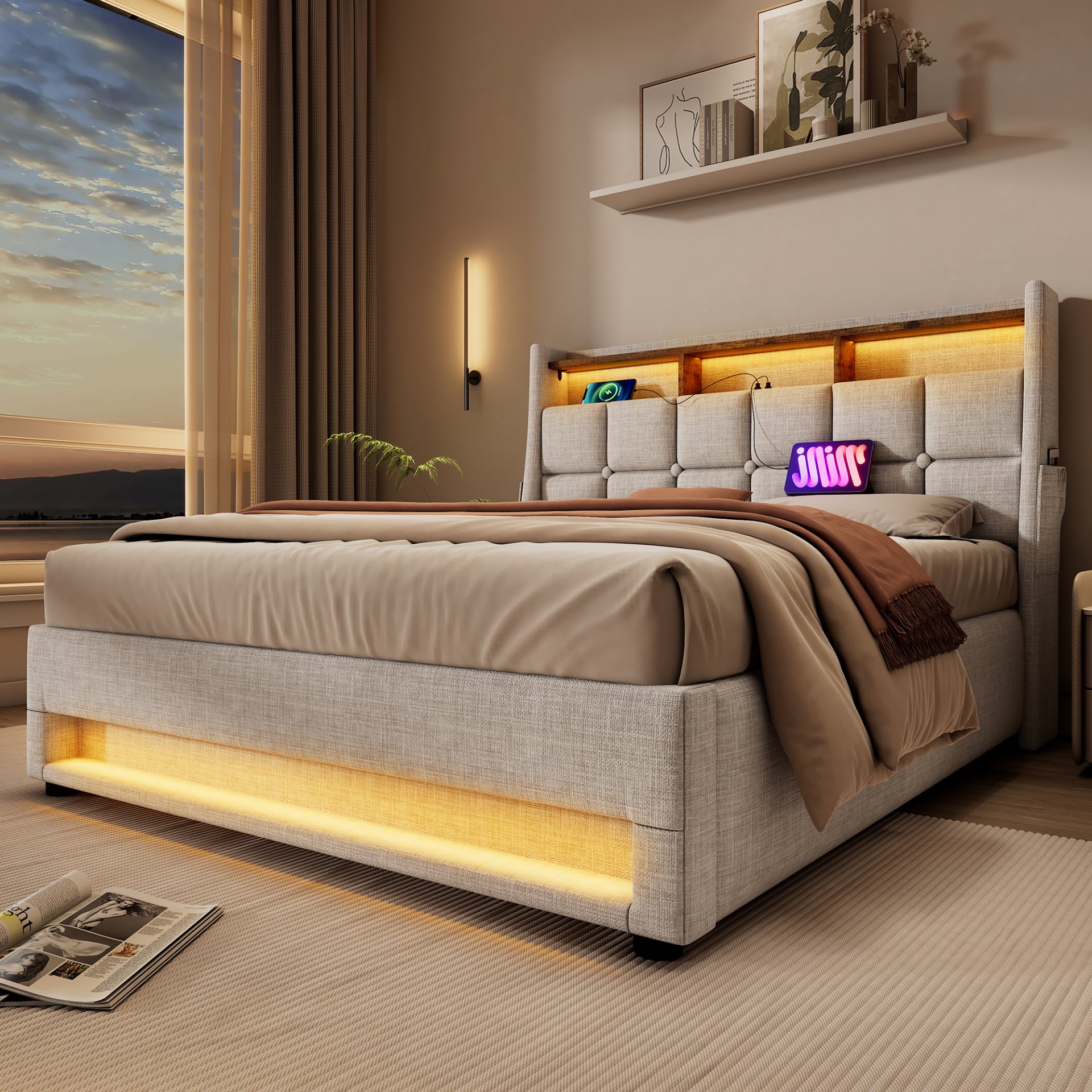 Full Size Upholstered Platform Bed With A Hydraulic Storage System, LED And USB Charging (Without Mattress) - Natural - Image 25