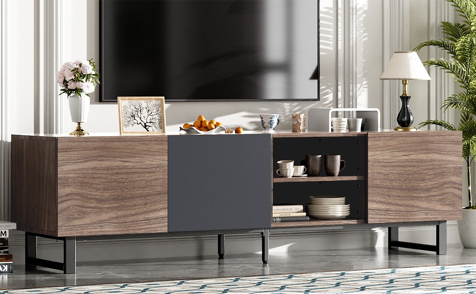 Modern TV With 3 Cabinets & Open Shelves, Color-Matching Media Console Table For Tvs Up To 80'', Entertainment Center With Drop Down Door For Living Room - Dark Brown - Image 21