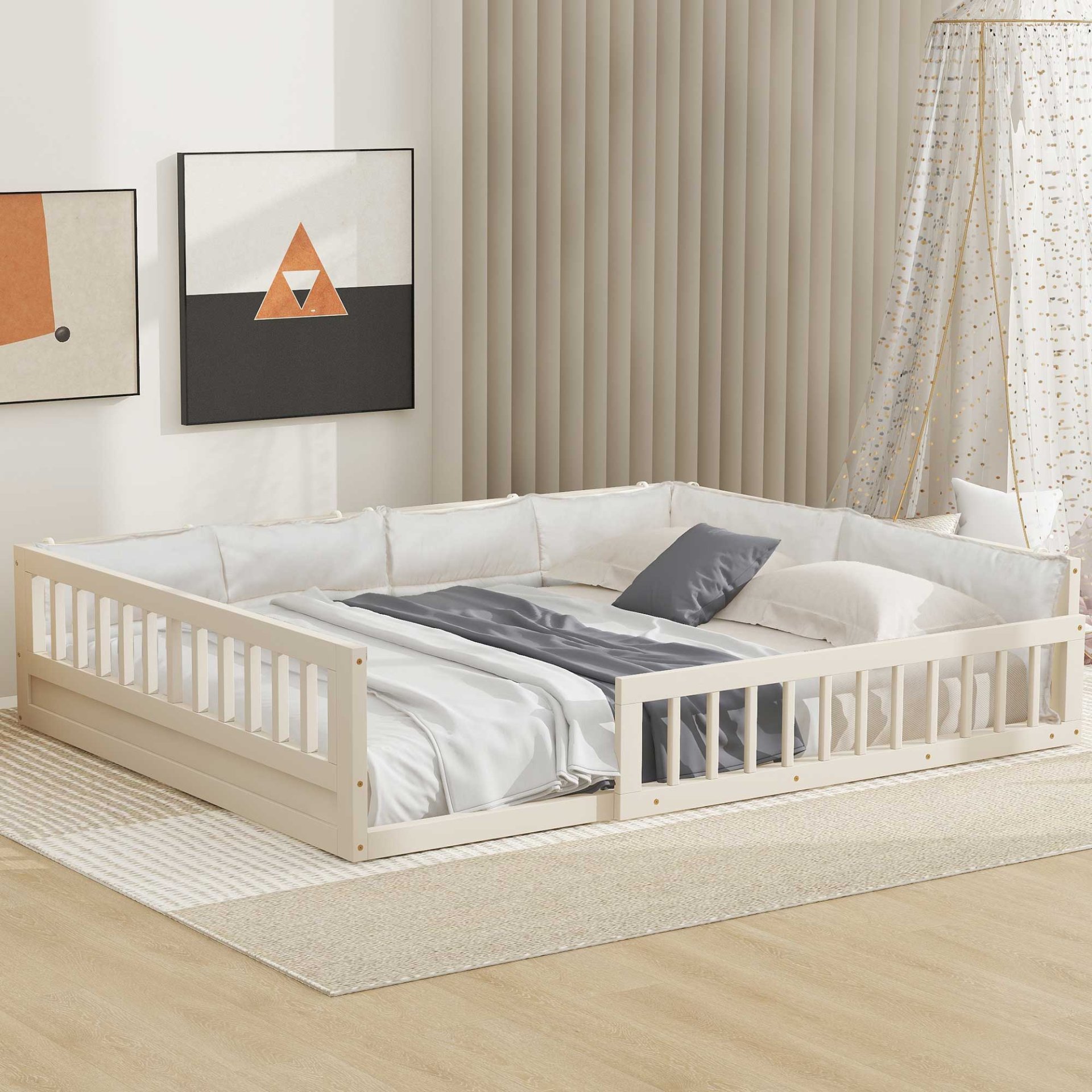 Wood Full Size Upholstered Platform Bed With Guardrail And Pillow - Beige - Image 5