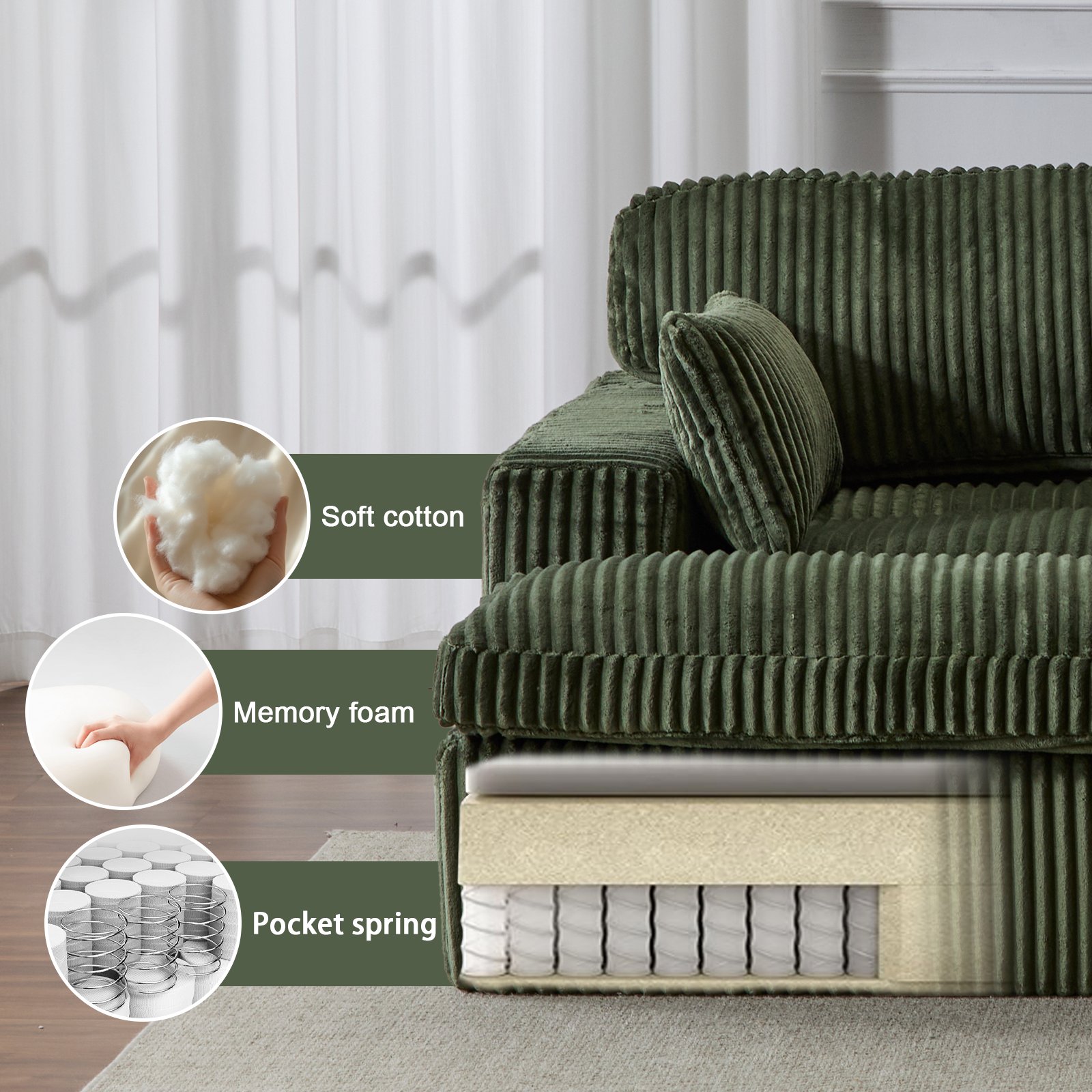 Double Chaise Lounge Chair Indoor, Oversized Upholstered Sleeper Cloud Couch, Deep Seat Sofa Bed - Green - Image 7