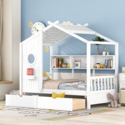 Twin Size House Bed With 2 Drawers, Kids Bed With Storage Shelf - White
