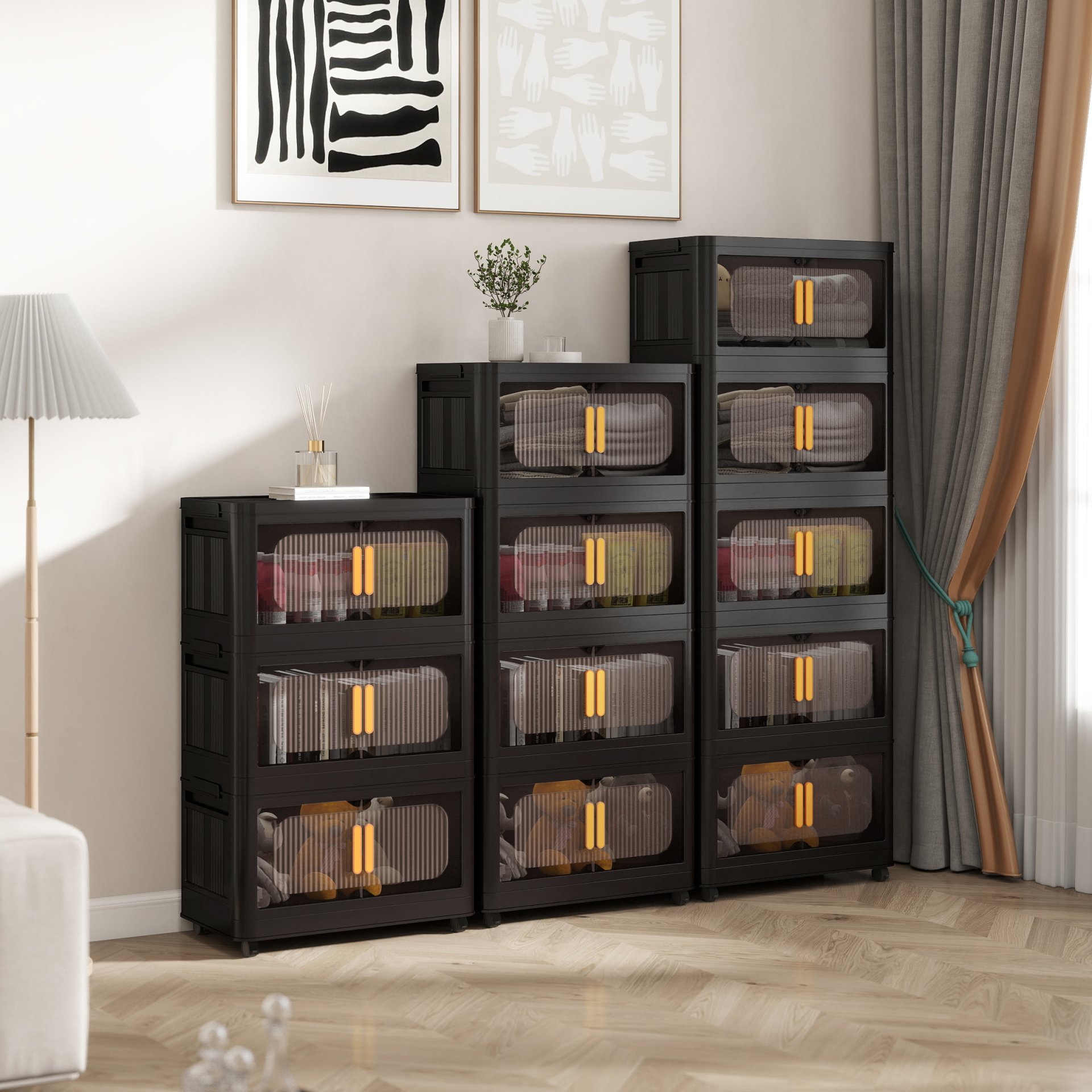 Folding Storage Cabinet 5 Tier Wide Plastic With Magnetic Doors And Wheels - Black - Image 10