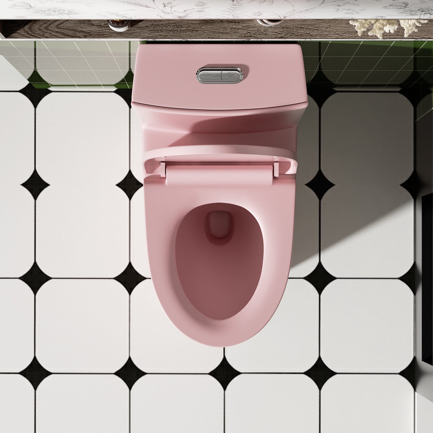 Fan Shaped Design 1 Piece Toilet With Elongated Bowl And Soft Close Seat, Dual Flush 1.1 / 1.6 Gpf - Pink Flower - Image 9