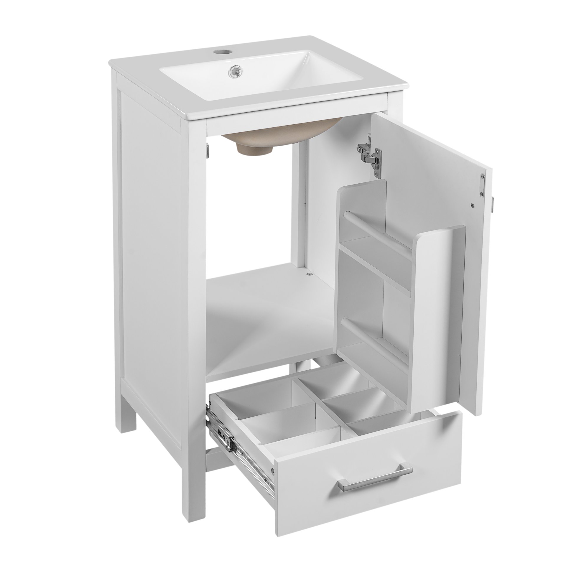 18" Bathroom Vanity With Sink, Soft Close Drawers, Door Organizer, Divider Drawer, Adjustable Foot Pads - White - Image 14