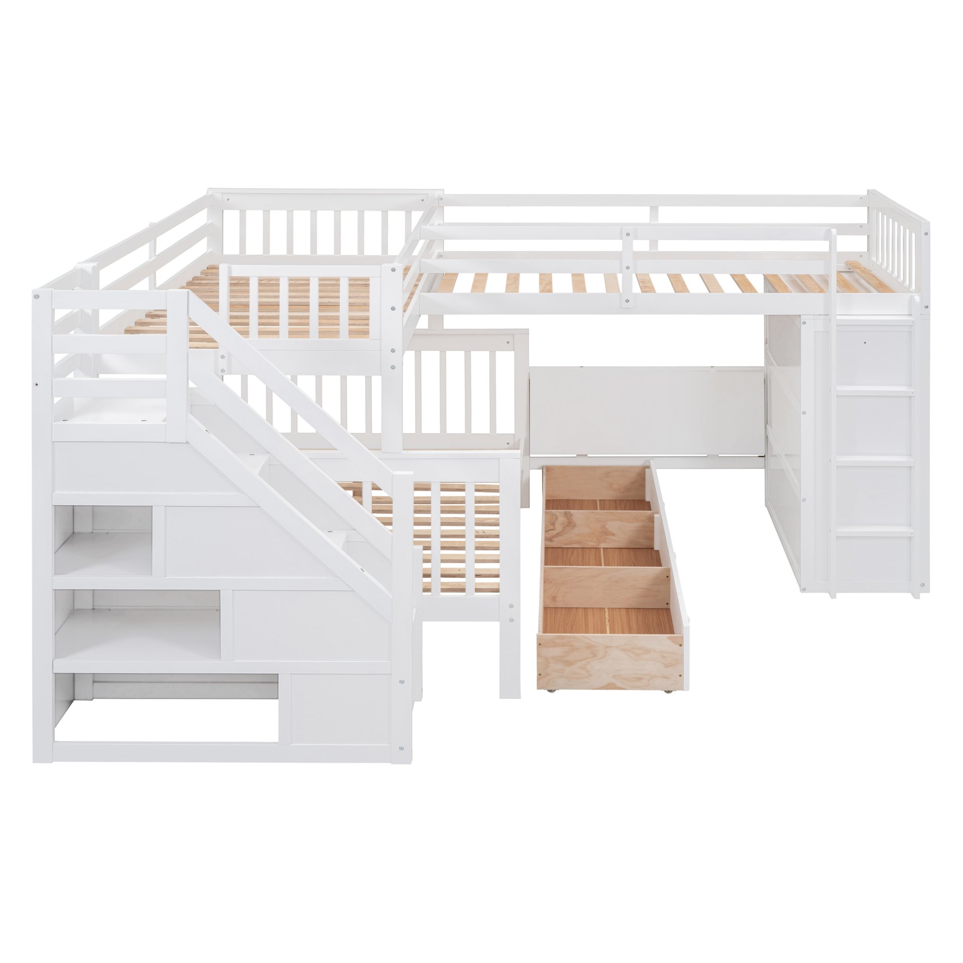 Twin Twin Over Full L Shaped Bunk Bed With 3 Drawers, Portable Desk And Wardrobe - White - Image 6