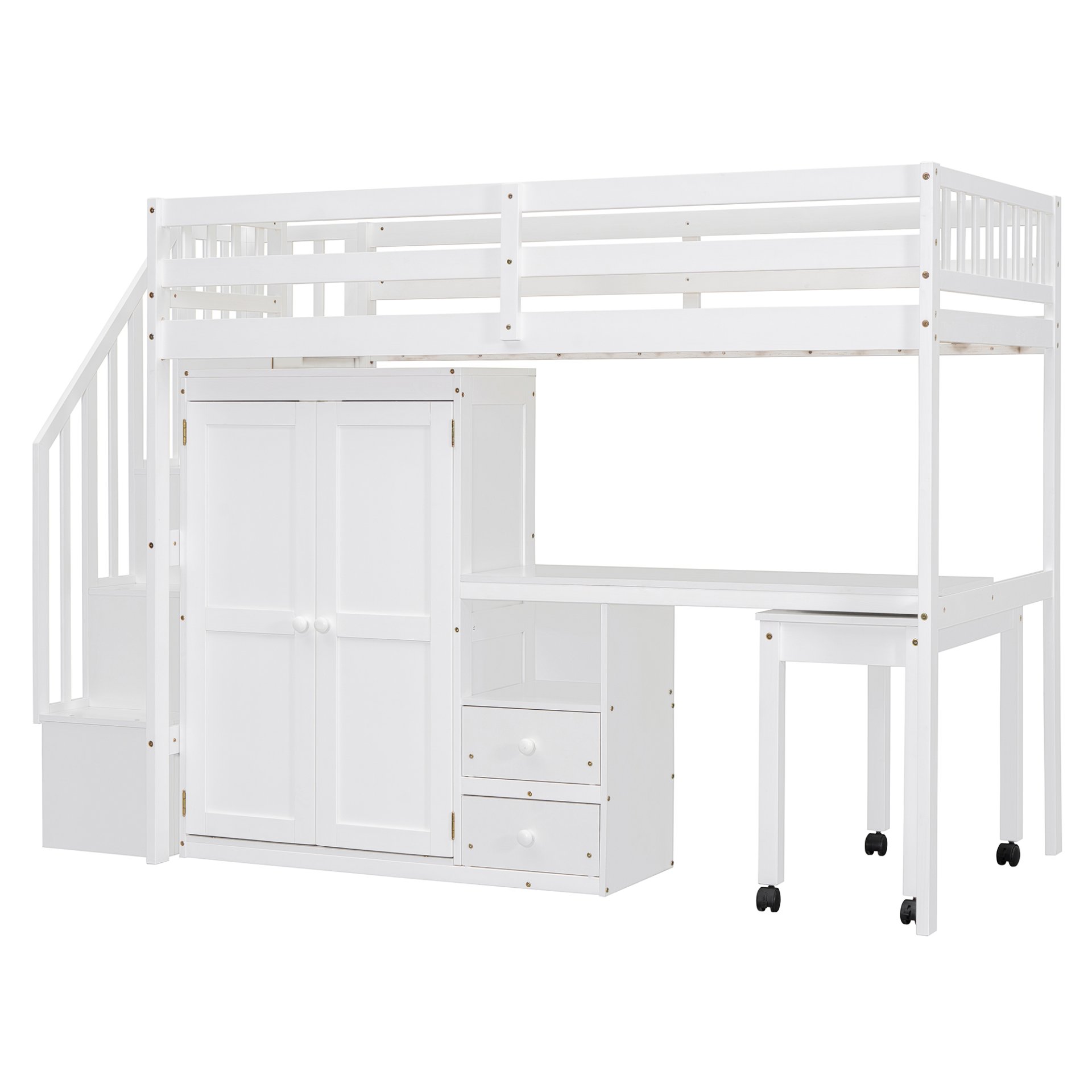 Twin Size Loft Bed With Stairs, Bookshelf, Drawers, Desk & Wardrobe, Space Saving Multifunctional Furniture - White - Image 10