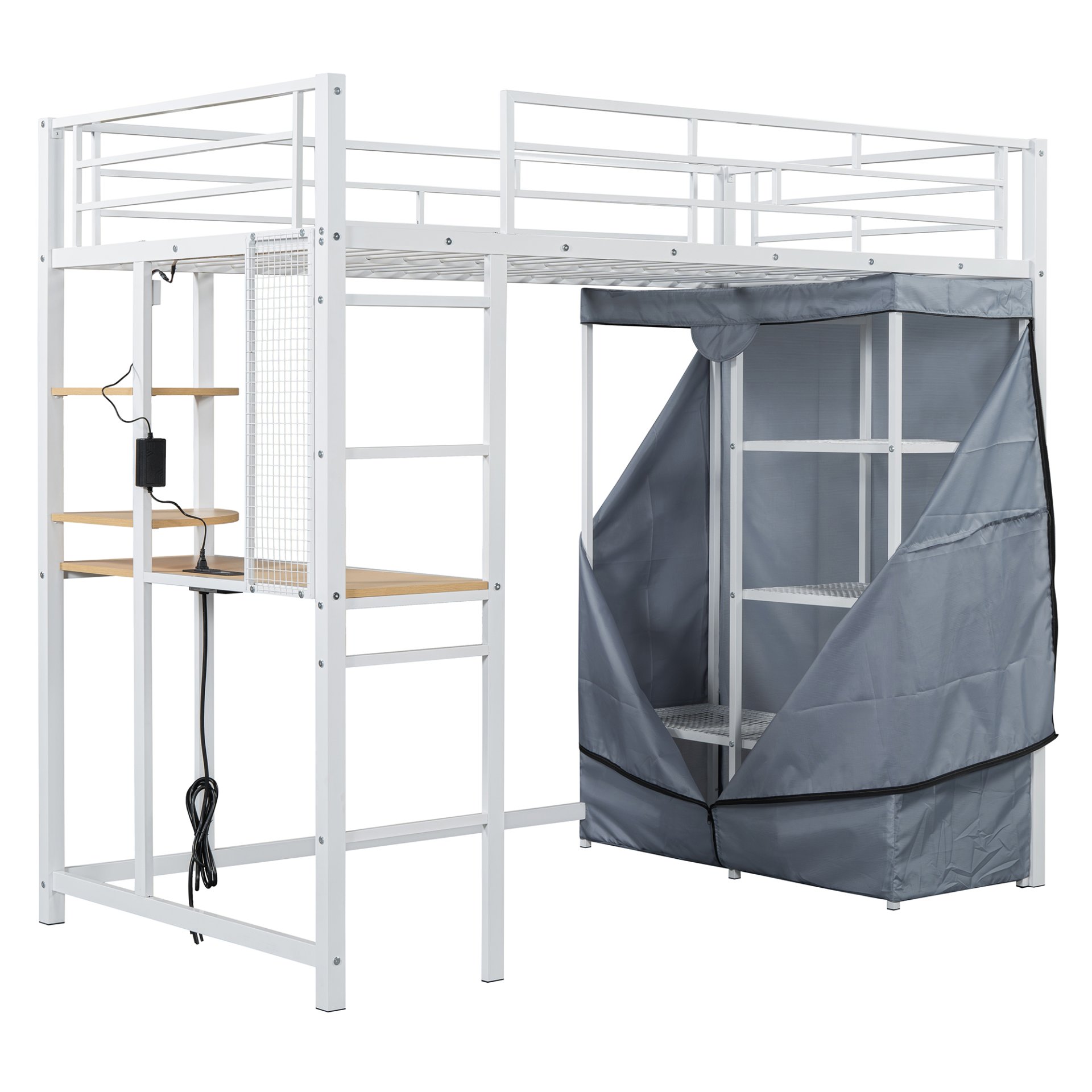 Twin Size Loft Bed With Desk, Shelves, Power Outlet, LED Light And Wardrobe - White - Image 5