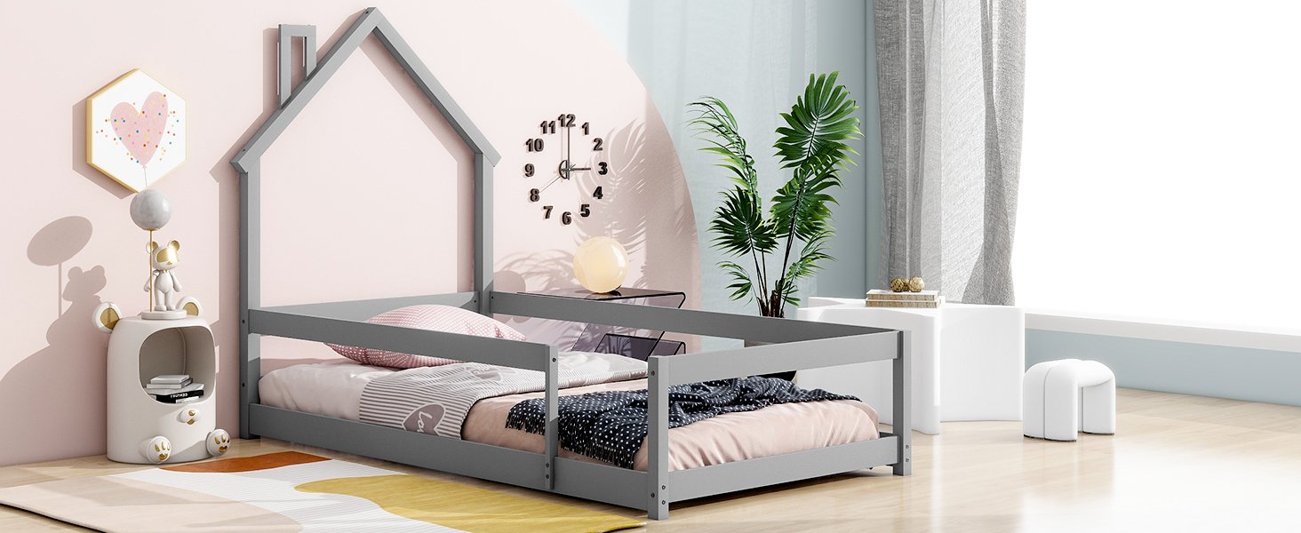 Twin Size Wood Bed With House-Shaped Headboard Floor Bed With Fences - Gray - Image 7
