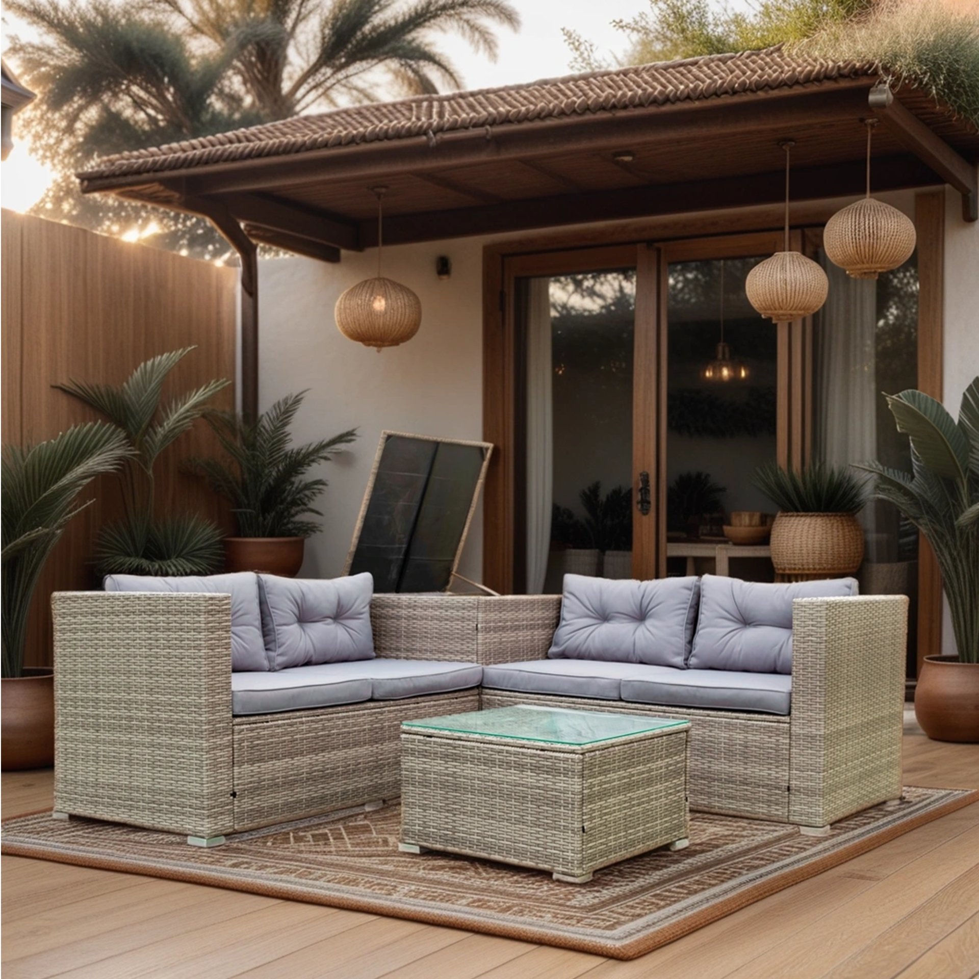4 Piece Patio Sectional Wicker Rattan Outdoor Furniture Sofa Set With Storage Box - Gray - Image 4
