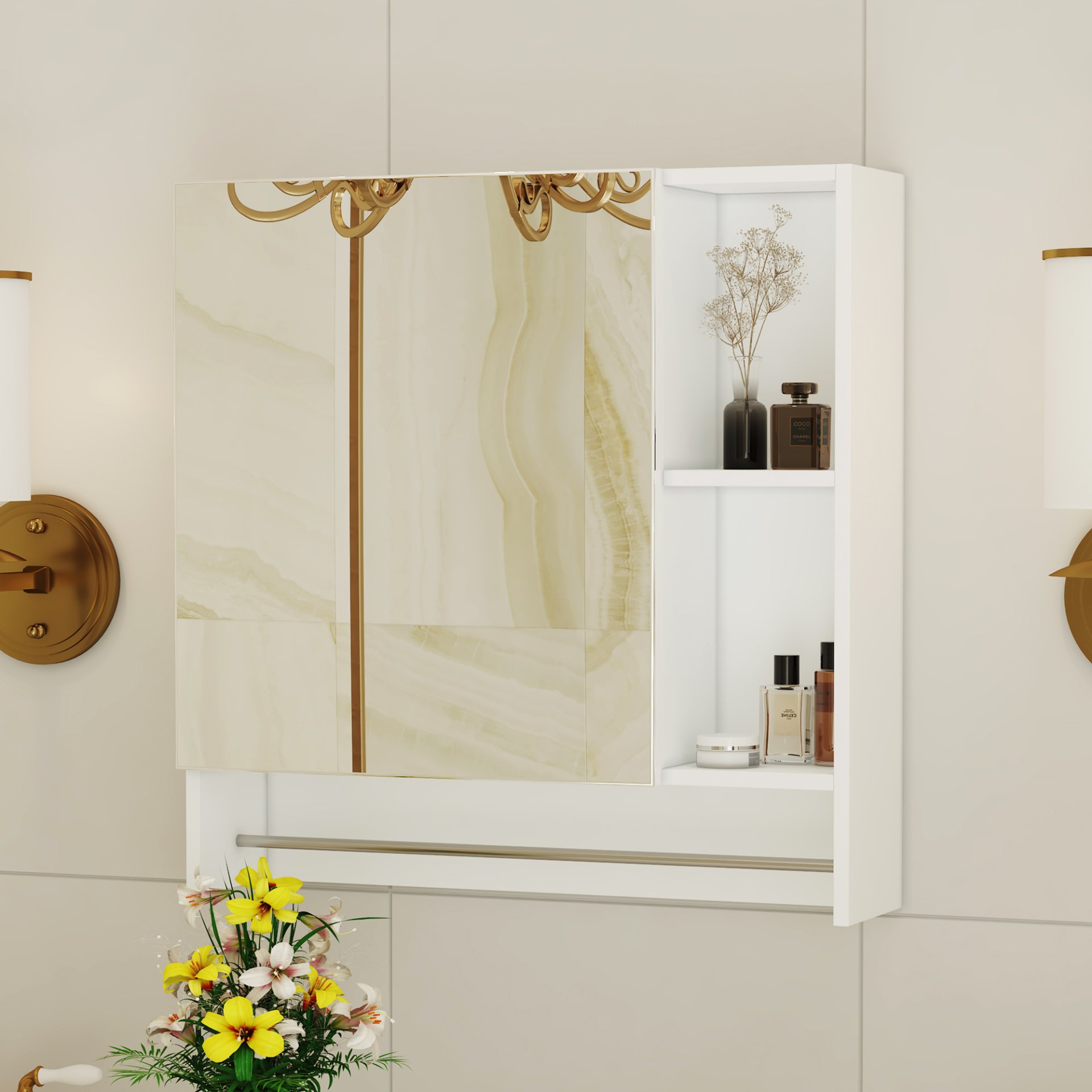 Wall Mounted Bathroom Storage Cabinet With Mirror Door, Medicine Cabinet, Over The Toilet Storage Cabinet With Shelves And Towel Rack - White - Image 6