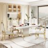 Top Dining Table With Gold Finish Corner, Pillar And Gold Finish Stainless Steel Base - White - Image 2