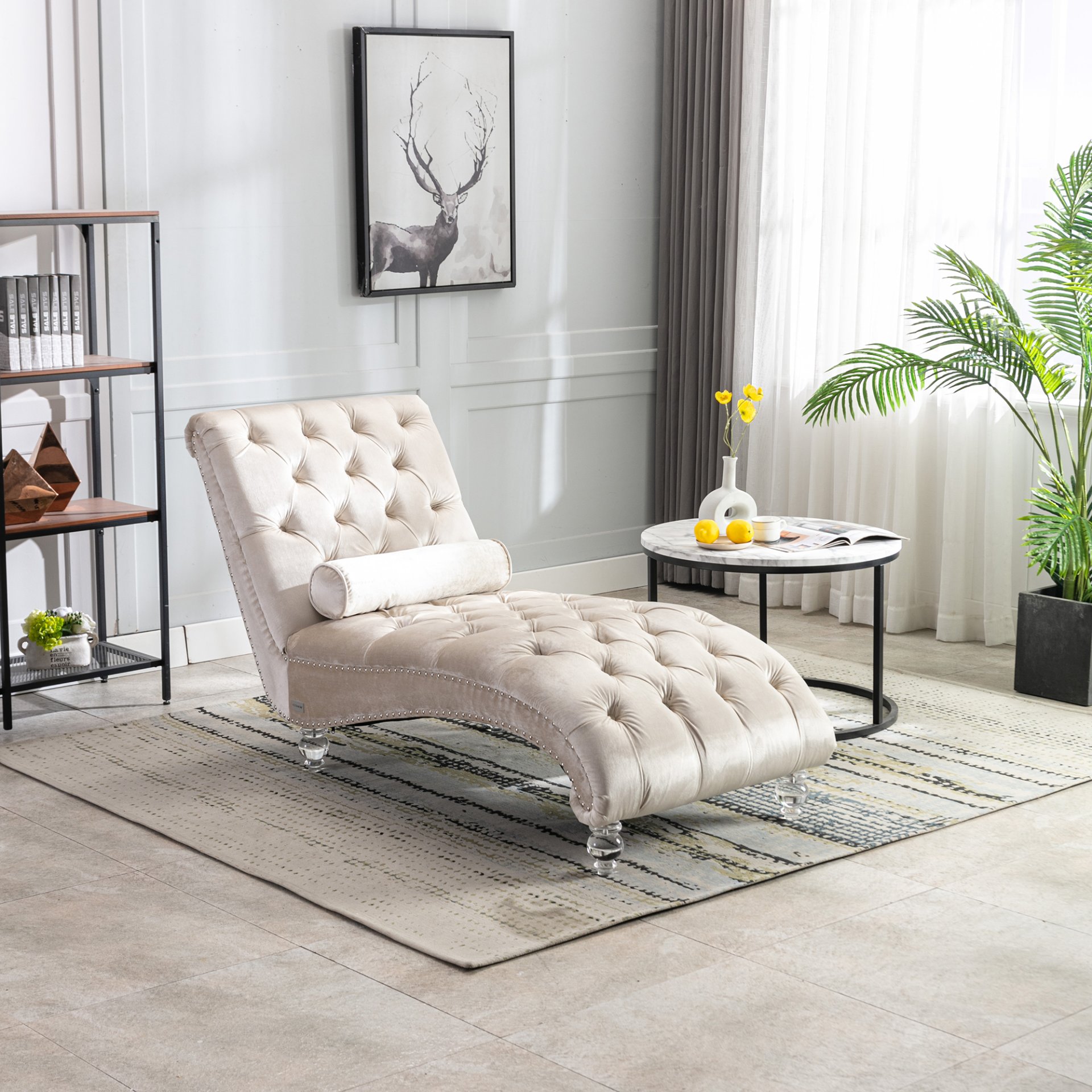 Velvet Chaise Lounge Indoor, Button Tufted Upholstered Chair With Pillow - Beige - Image 3