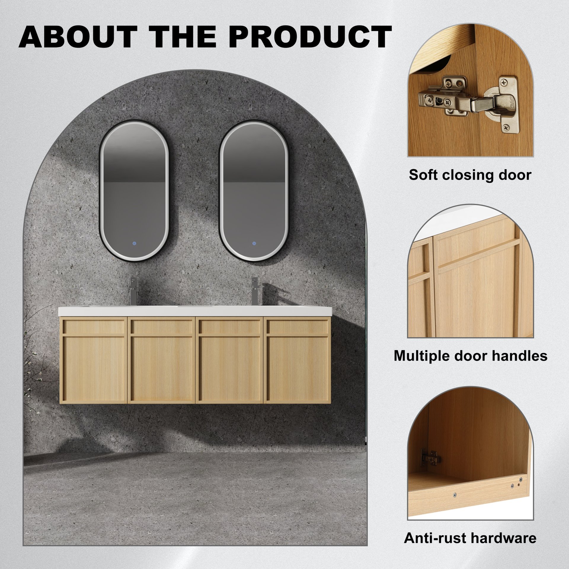 Original 60" Wall Mounted Bathroom Vanity With Double Resin Sink And Soft Closing Doors Plywood - Oak - Image 7