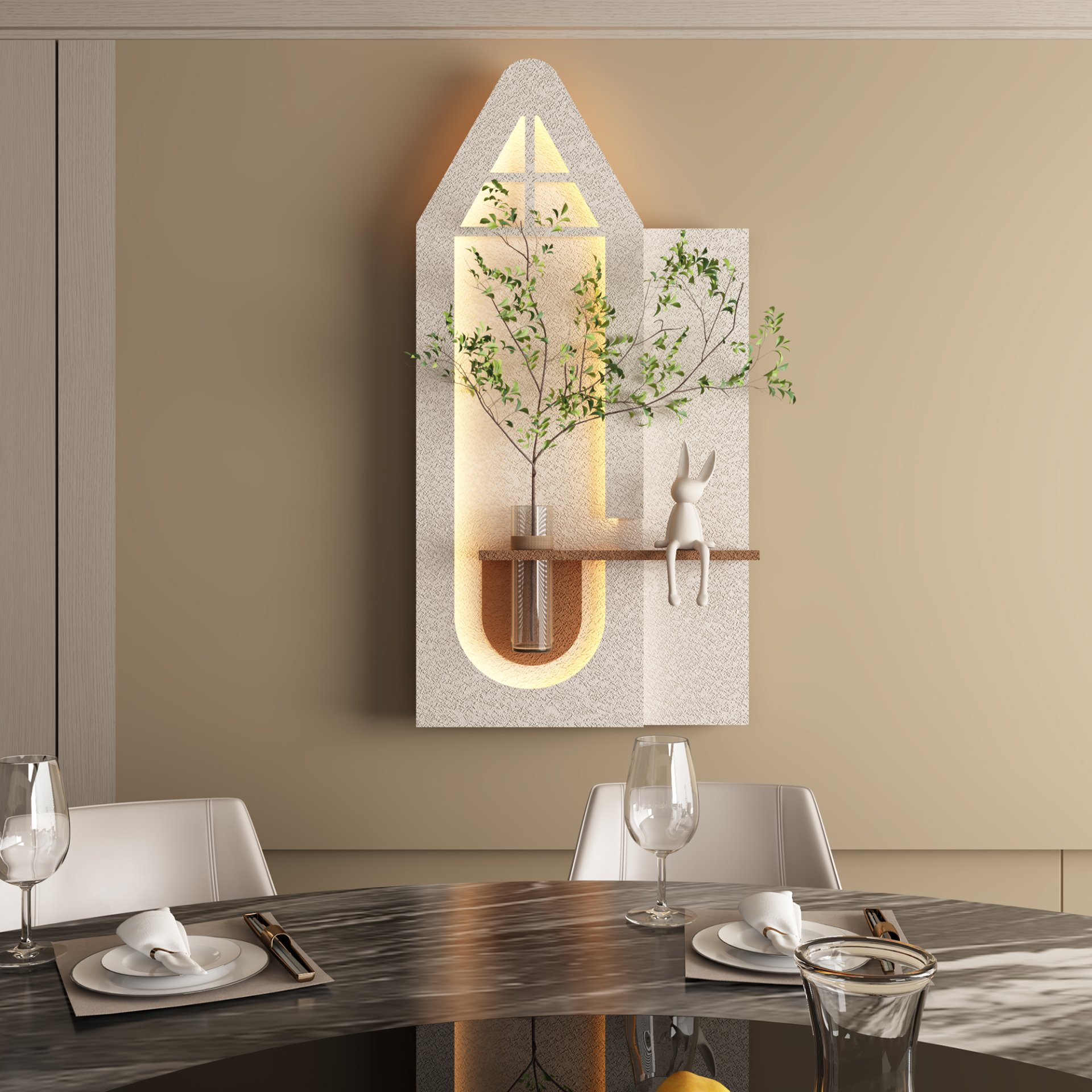 Adjustable 3 Color LED Sandstone Wall Decor With Simulated Plants, Glass Vase & Rabbit Statue - Light Coffee - Image 4