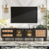 Rattan TV Stand With 3 Cabinets & 2 Drawers, Rattan-Inspired Media Console Table For Tvs Up To 80'', LED Light Entertainment Center, TV Cabinet For Living Room - Black - Image 3