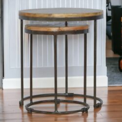 Round Stool Table With Iron Base (Set of 2) - Brown / Black