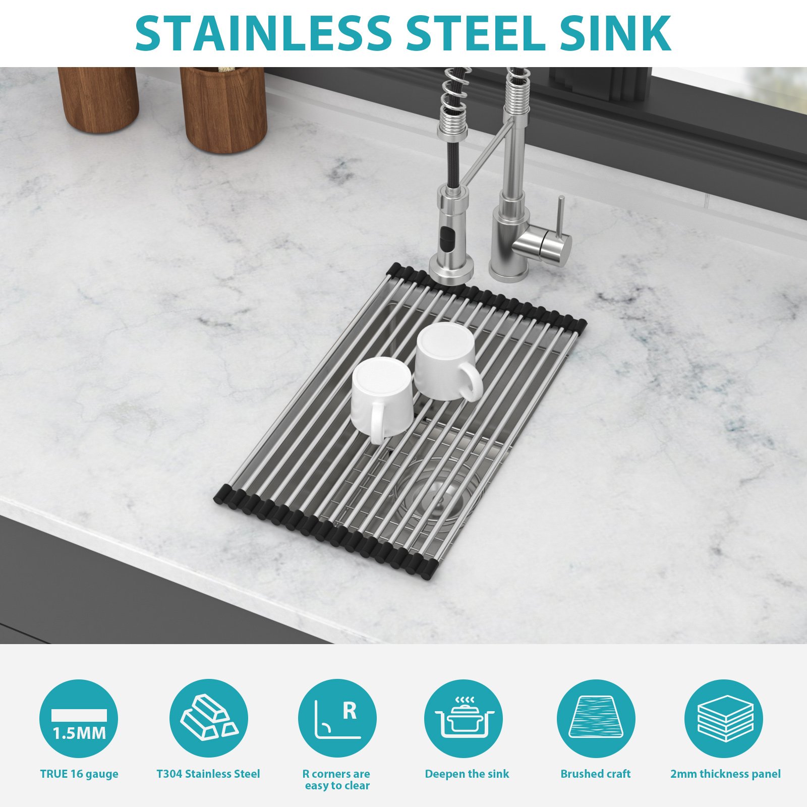 10" Undermount Kitchen Sink 16 Gauge 8" Deep Single Bowl - Brushed Nickel - Image 8