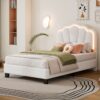 Twin Size Upholstered Flower-Shape Bed, Elegant Flowers Headboard With LED Light Strip, Sherpa Fabric Platform Bed With Slats Support - White - Image 13