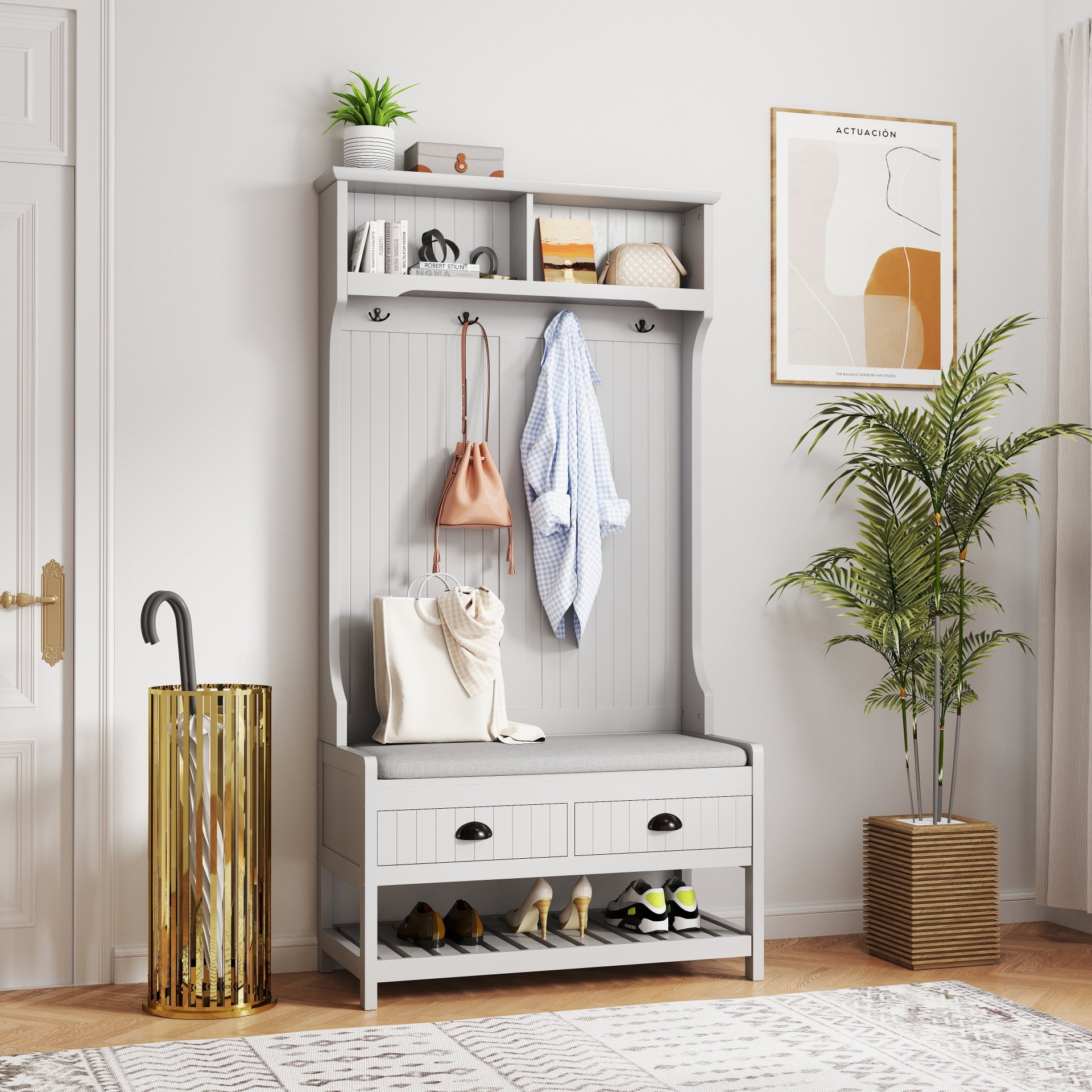 Modern 3 In 1 Hallway Hall Tree With Storage Drawers, Coat Rack, Shoe Rack Bench, And Cushion - Gray - Image 2