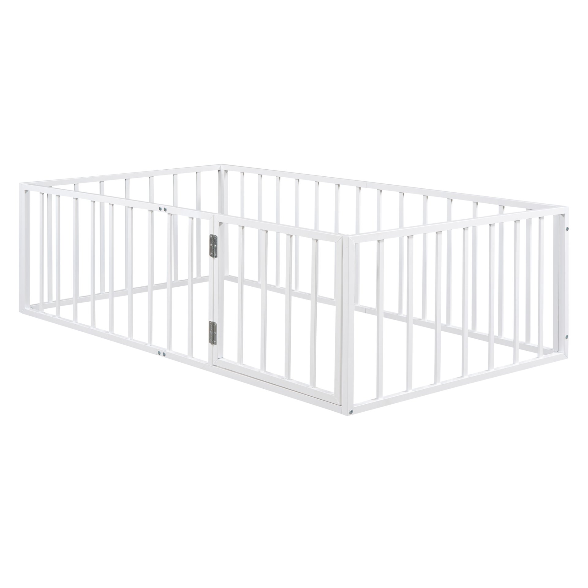 Twin Size Floor Bed Frame With Fence And Door - White - Image 9