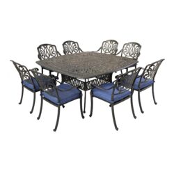 Square 8 Person 64" Long Aluminum Dining Set With Cushions - Gray / Navy