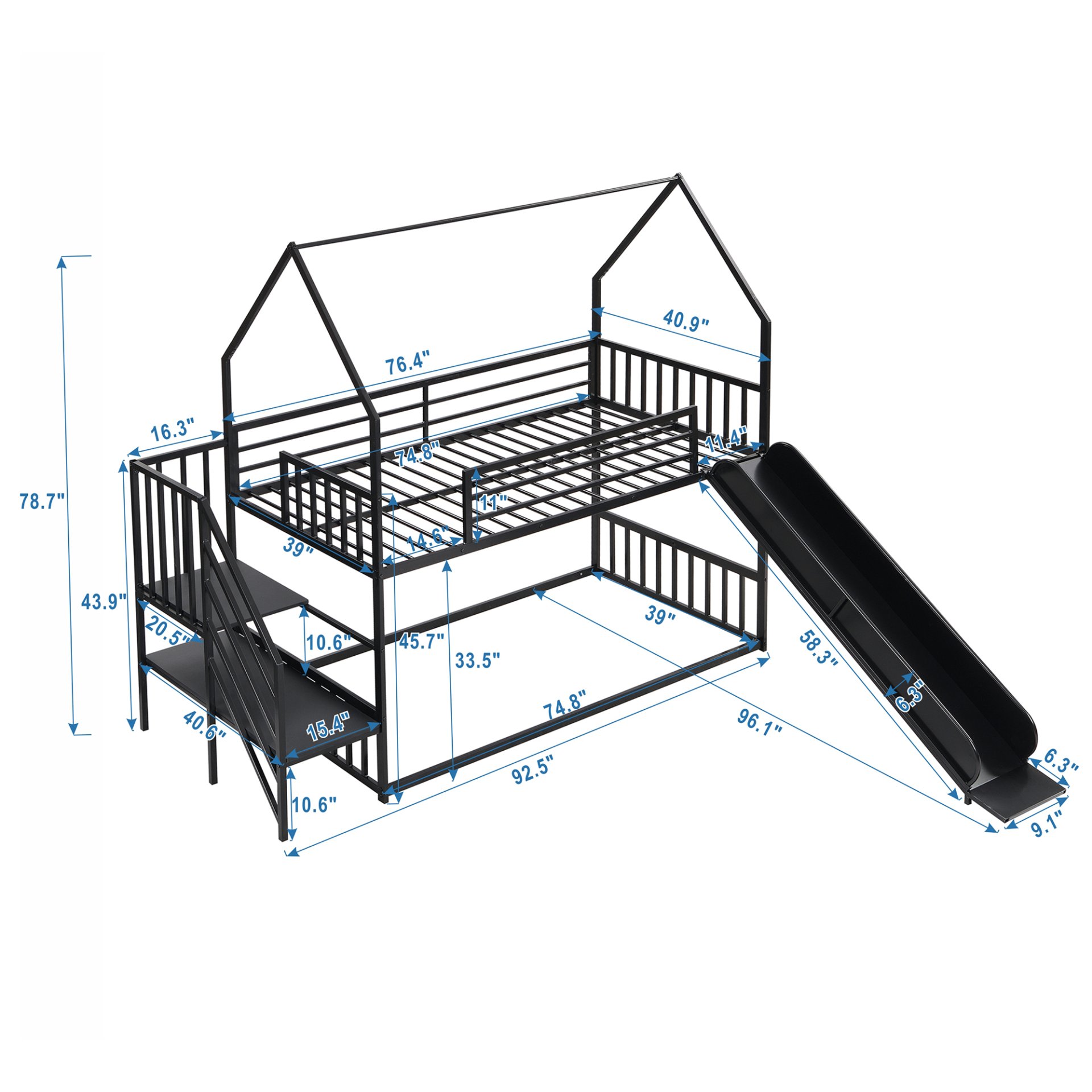Twin Size Metal Bunk Bed House Bed With Slide And Staircase - Black - Image 3