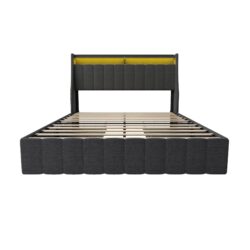 Full Size Bed Frame With LED Lights, 4 Drawers, Winged Headboard Upholstered - Dark Gray