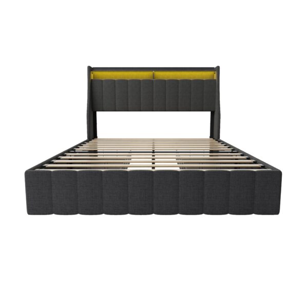 Full Size Bed Frame With LED Lights, 4 Drawers, Winged Headboard Upholstered - Dark Gray