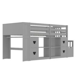 Twin Loft Bed With Storage Cabinets, Staircase Drawers & LED Lights - Grey Solid