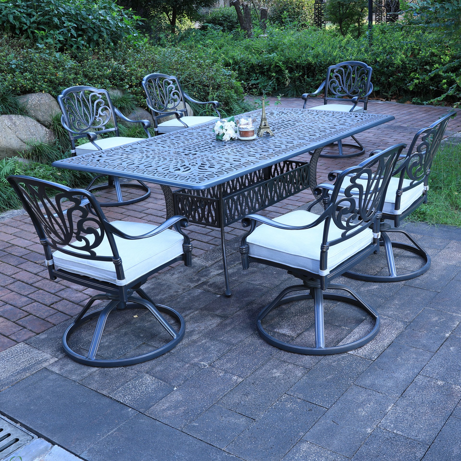 Rectangular 6 Person 84.25" Long Aluminum Dining Set With Cushions - Dark Gray / White - Image 3