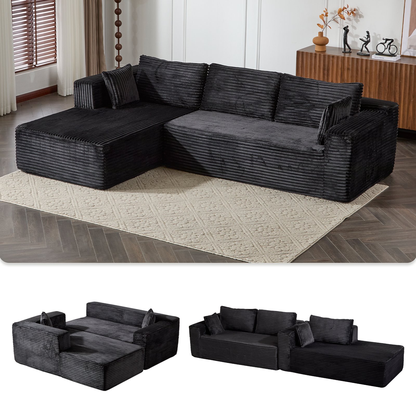 Compression Sectional Couch With Comfy Chaise, Boneless L Shape Sofa With Deep Seat, Minimalist Modular Couches Sleeper - Black - Image 5