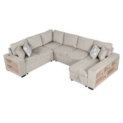 U-Shaped Sectional Sofa Pull-Out Sofa Bed With Two USB Ports, A Storage Chaise Lounge And Four Back Pillows For Living Room - Beige