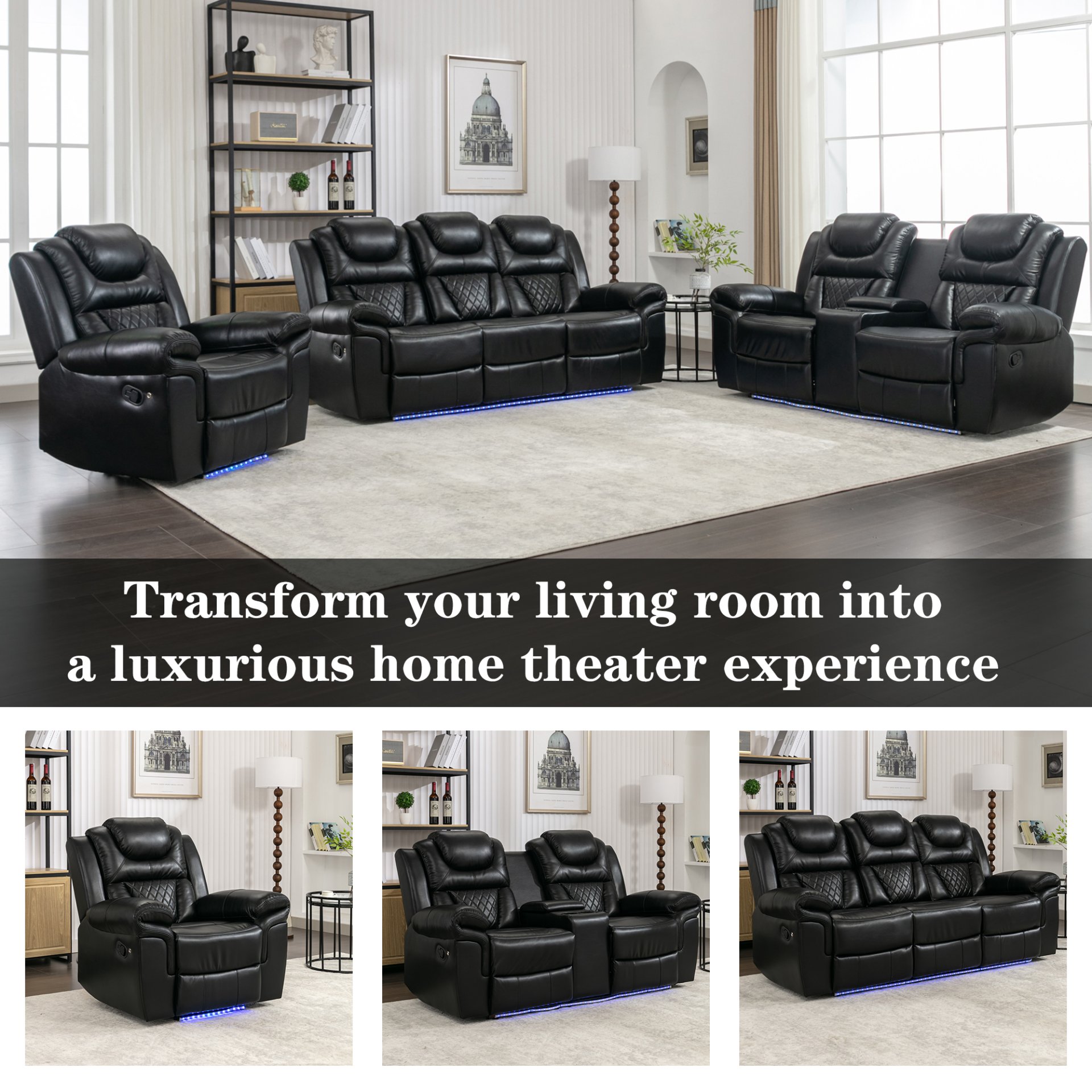 3 Pieces Recliner Sofa Sets Home Theater Seating Manual Recliner Chair With Center Console And Led Light Strip For Living Room - Black - Image 10