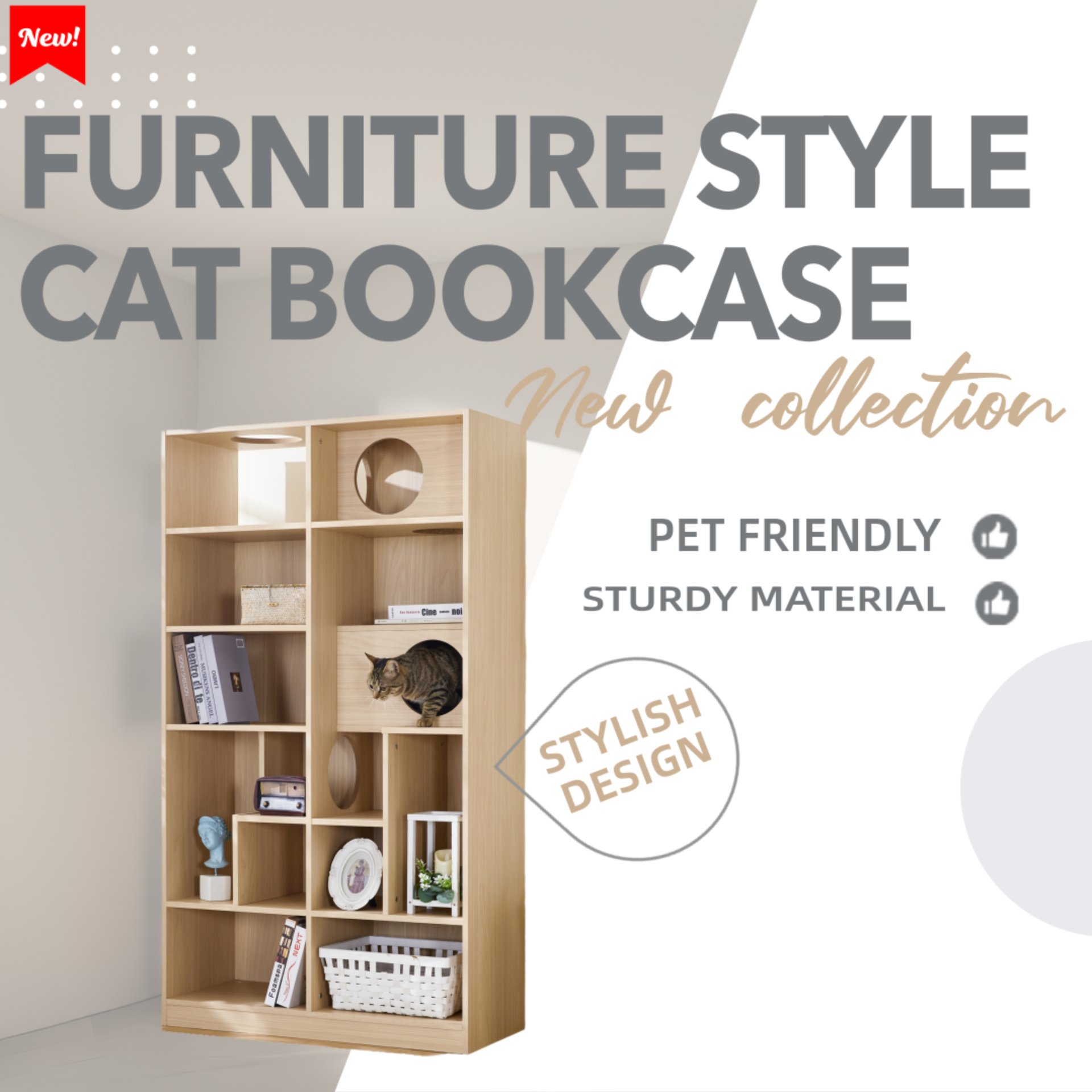 Furniture Style Cat Bookcase Cat Tree Shelves - Natural - Image 4