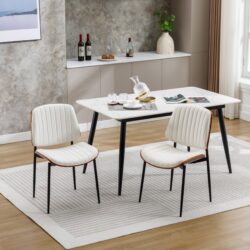 Dining Chairs (Set of 2) Mid-Century Modern Retro Faux Leather Chair With Bentwood Upholstered Seat Metal Legs Adjustable Foot For Kitchen Dining Room Chairs - White