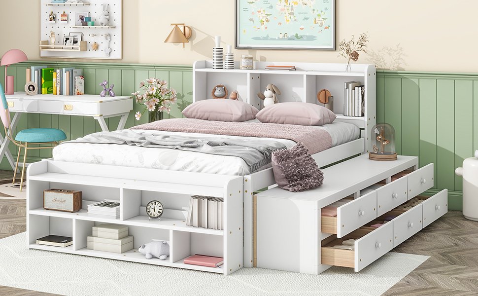 Full Bed With Bookcase Headboard, Under Bed Storage Drawers And Bed End Storage Case - White - Image 6