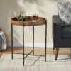 Modern Industrial Round End Table With Tray Top And Foldable Iron Legs - Natural - Image 2