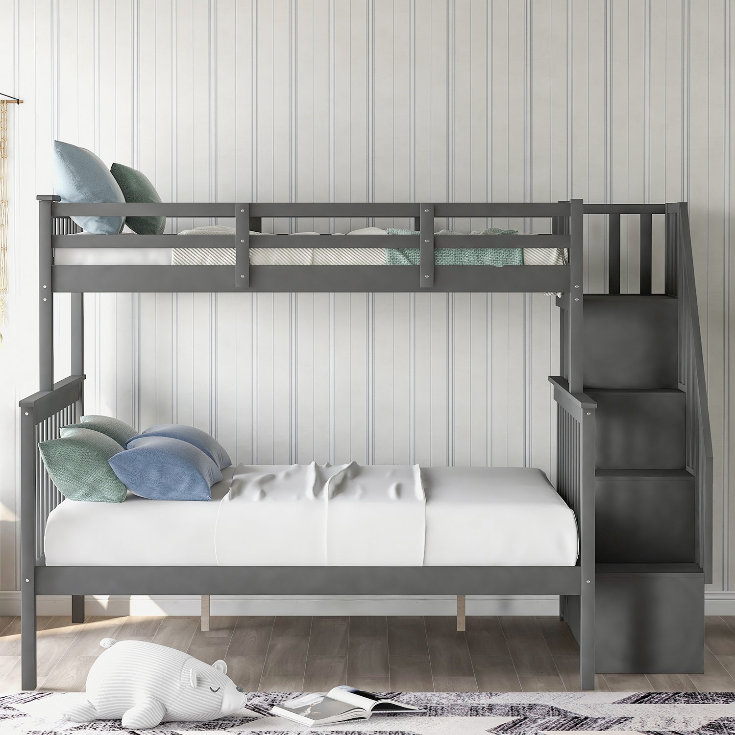 Twin Over Full Bunk Bed Stairway With Storage And Guard Rail For Bedroom - Gray - Image 4