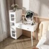 Vanity Dressing Table With LED Mirror & Storage Makeup Desk With 3 Drawers, 2 Open Shelves & 4 Hidden Cabinets - White - Image 4