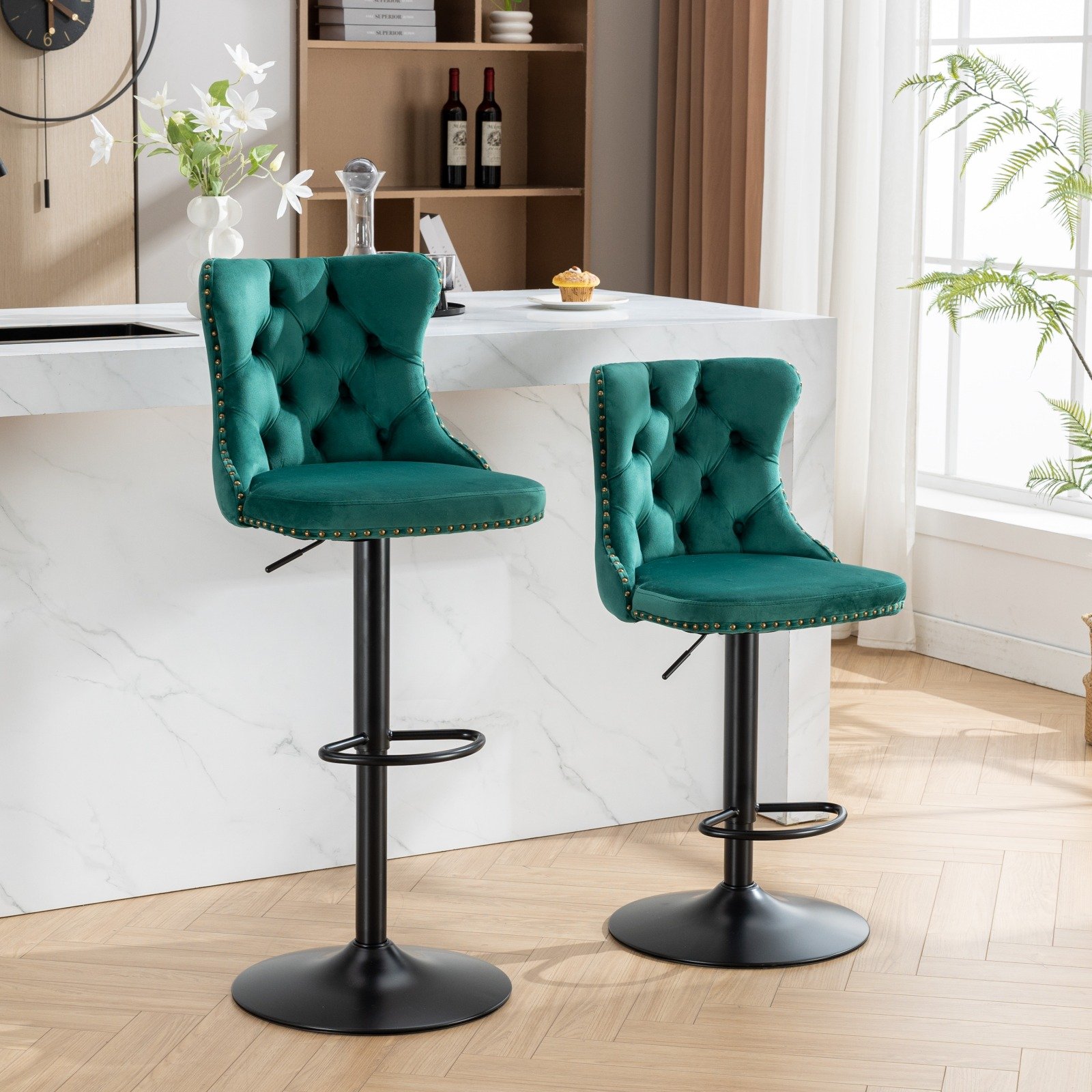 Swivel Velvet Barstools Adjusatble Seat Height, Modern Upholstered Bar Stools With Backs Comfortable Tufted For Home Pub And Kitchen Island (Set of 2) - Green - Image 15