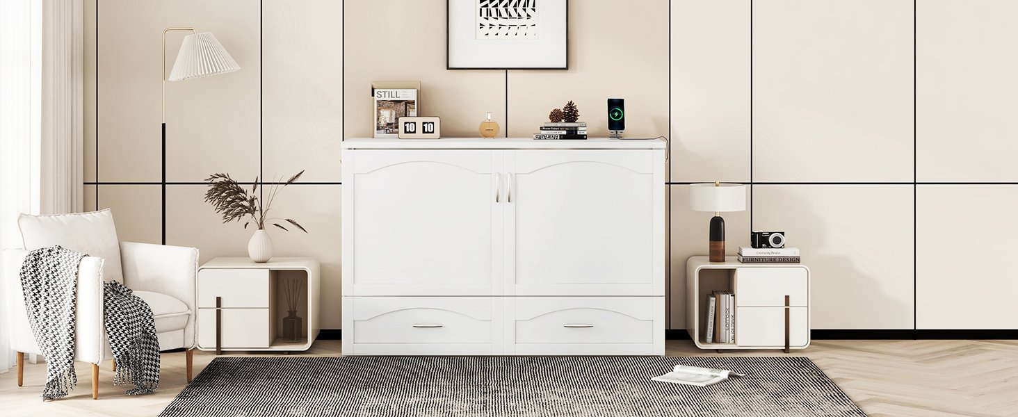 Queen Size Murphy Wall Bed With Drawer And A Set Of Sockets & USB Ports, Pulley Structure Design - White - Image 27