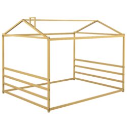 Queen Metal House Shape Platform Bed - Gold