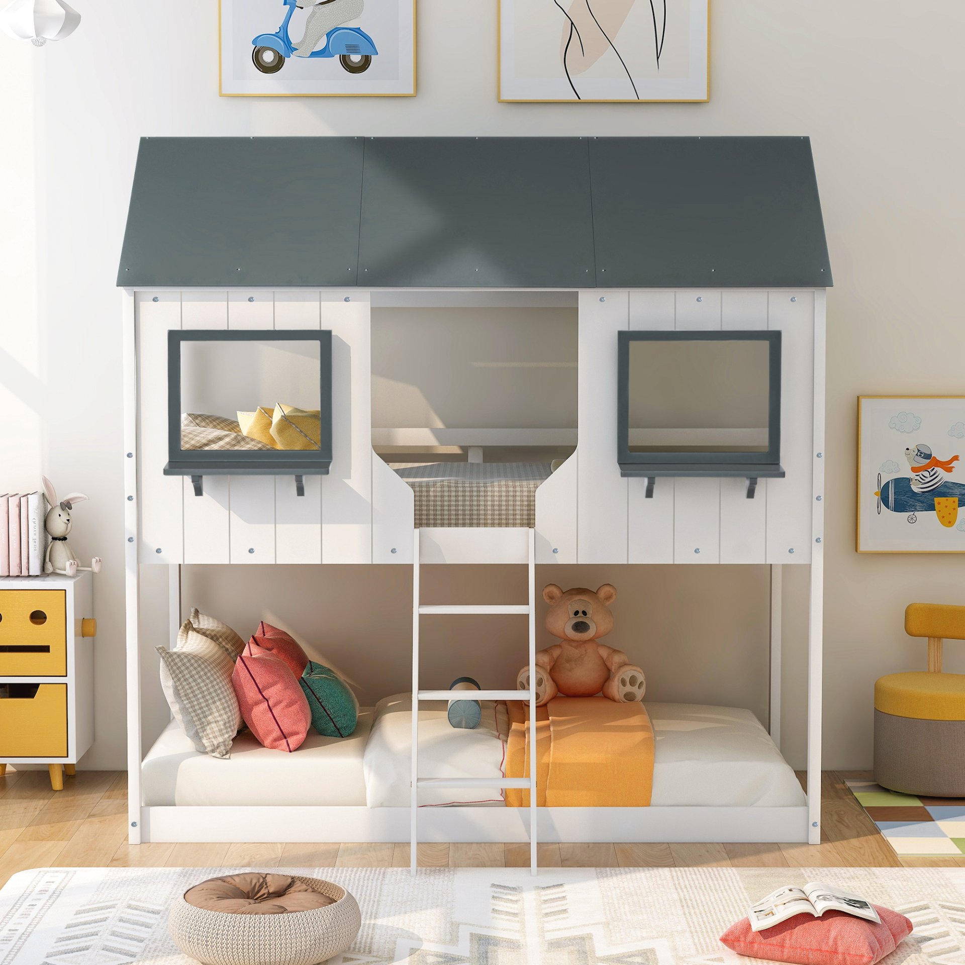 Twin Over Twin Bunk Bed Bed With Roof, Window, Guardrail, Ladder - White - Image 2