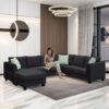 Sectional Sofa Couches Living Room Sets, 7 Seats Modular Sectional Sofa With Ottoman, L Shape Fabric Sofa Corner Couch Set With 3 Pillows - Black - Image 15