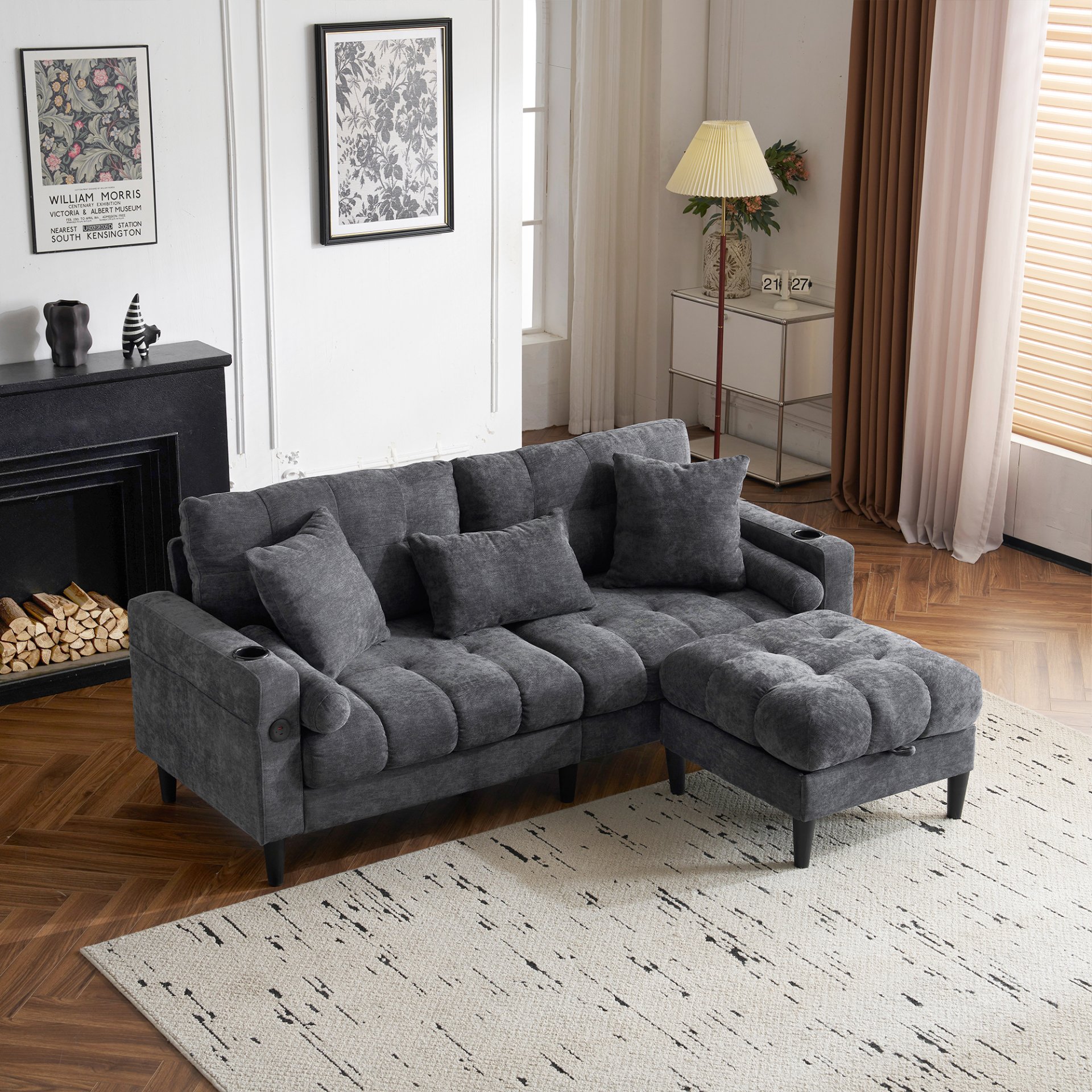 3 Seat L-Shaped Chenille Sofa With Removable And Storage Ottoman, Side Storage, And USB / C - Type Charging Ports Sofa For Living Room, Bedroom, Apartment - Antique Dark Gray - Image 2